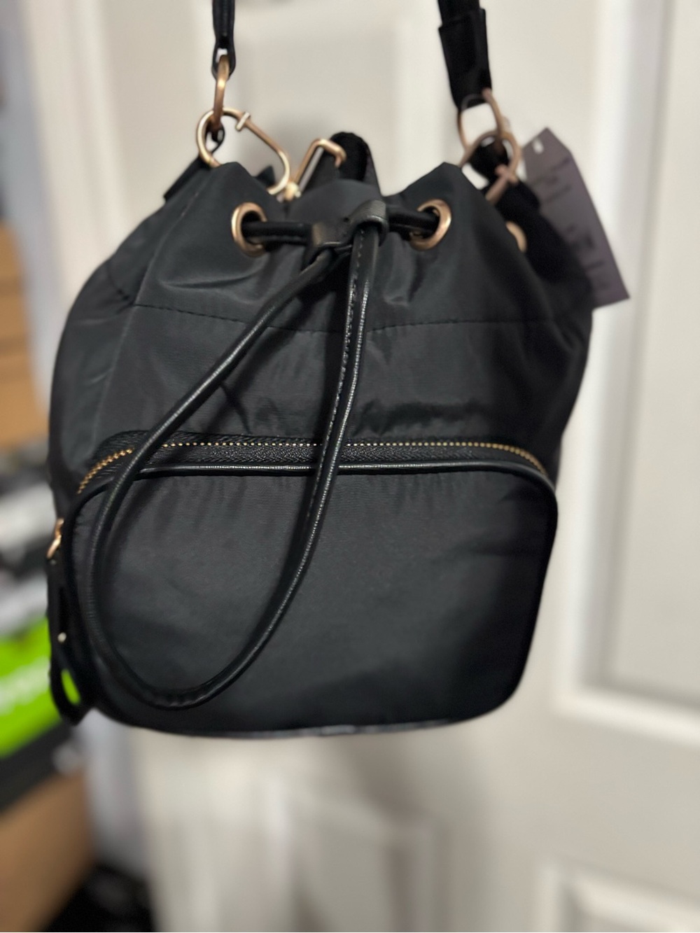 Time and Tru Black Drawstring Bucket Bag with Gold Hardware